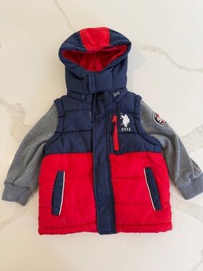 U.S. Polo Assn. Boys Red and Navy Hooded Puffer Vest with Gray Sleeves